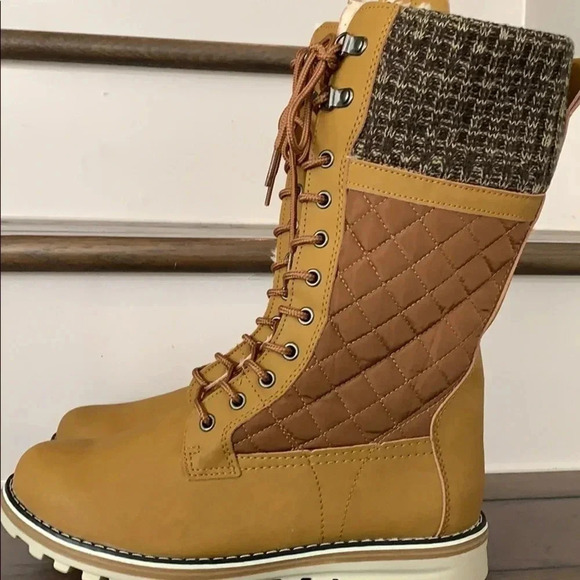 Brown Quilted Lace-Up Combat Boots - Picture 1 of 4